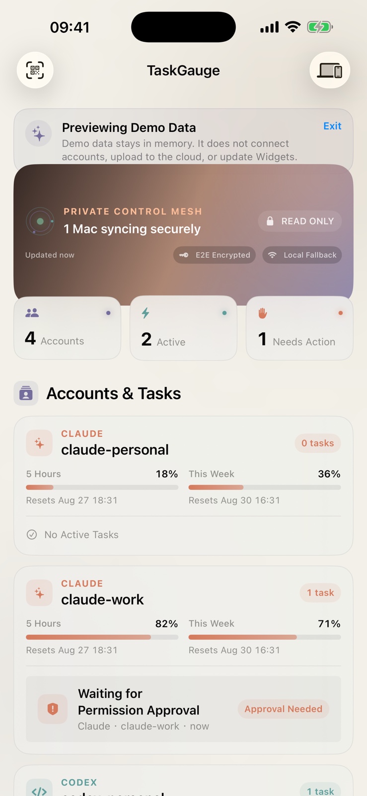 Real TaskGauge 1.8 dashboard showing securely synced Claude and Codex accounts, quota windows, reset times, and explicit task names
