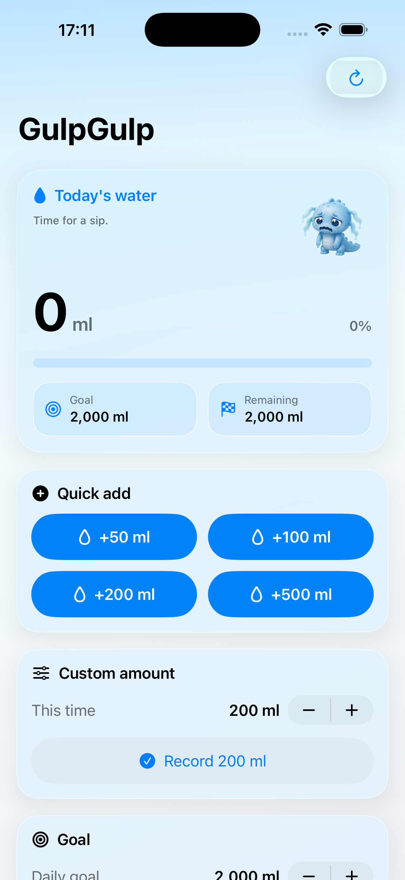 GulpGulp hydration dashboard with free quick-add controls