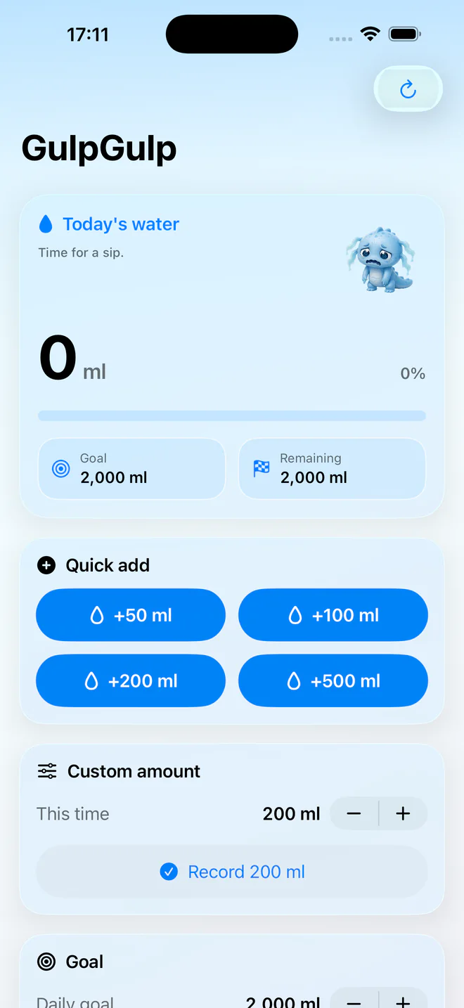 GulpGulp water intake dashboard with today's progress, quick-add buttons, goal, and entries