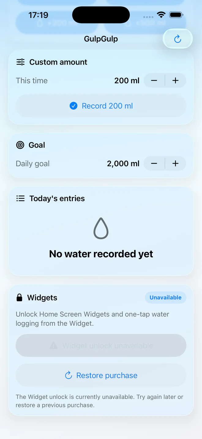 GulpGulp custom water entry and daily goal controls on iPhone