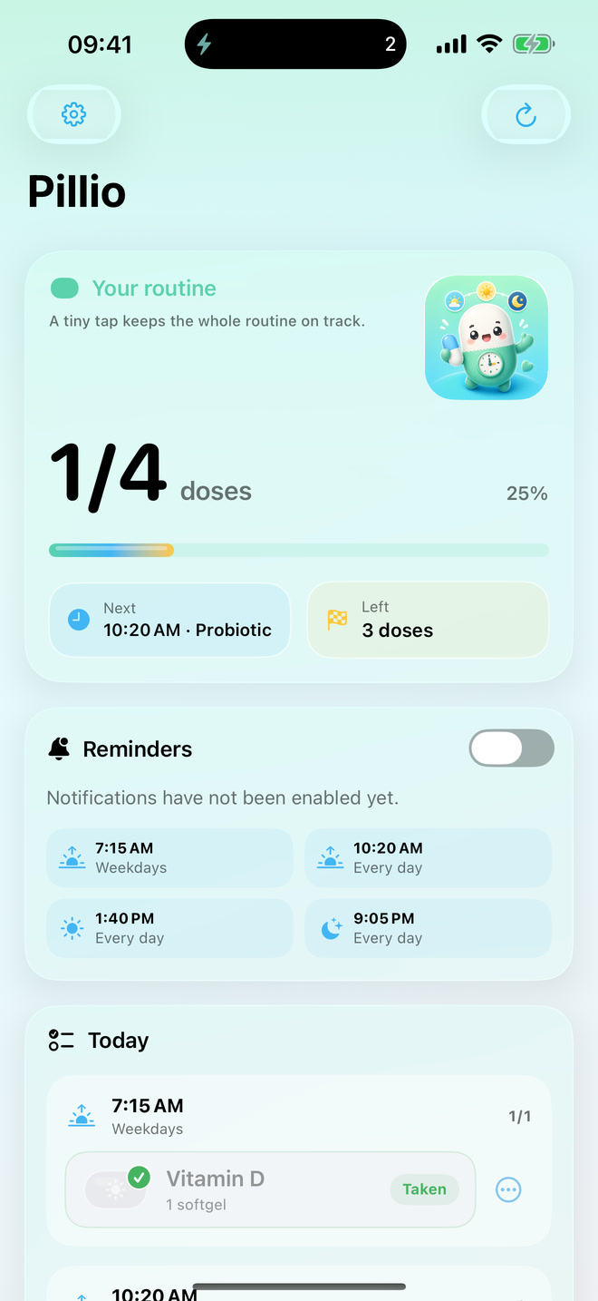 Pillio dashboard after the 7:15 AM dose is marked taken, showing one of four doses complete