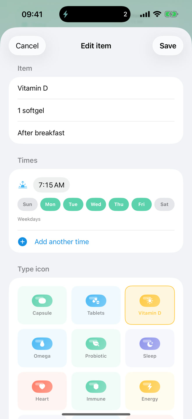 Pillio custom time editor set to 7:15 AM on weekdays with an option to add another time