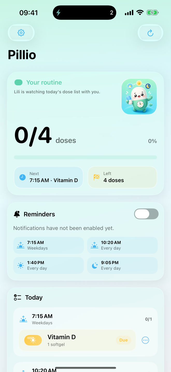 Pillio dashboard with exact custom reminder times and weekday schedules
