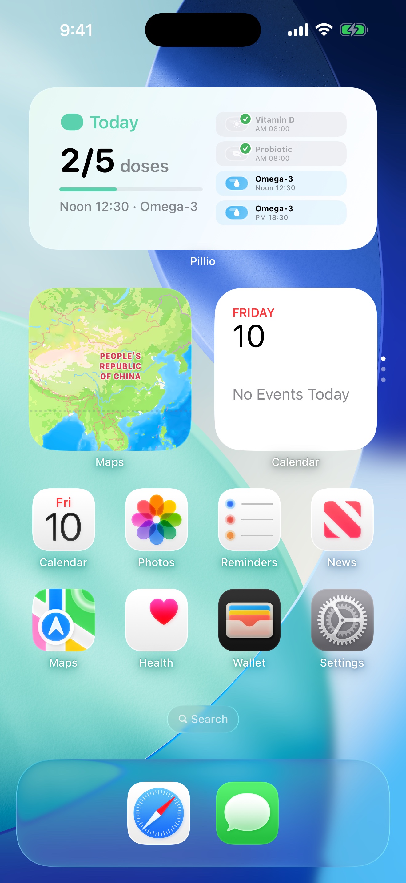 Pillio medication dose widget on the iPhone Home Screen